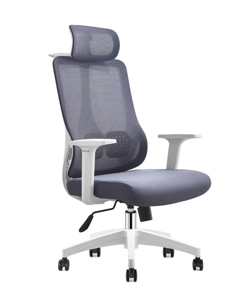 High Back Ergonomic Office Chair with Mesh Back and Fabric Cushion Seat – White Frame with Grey Seat